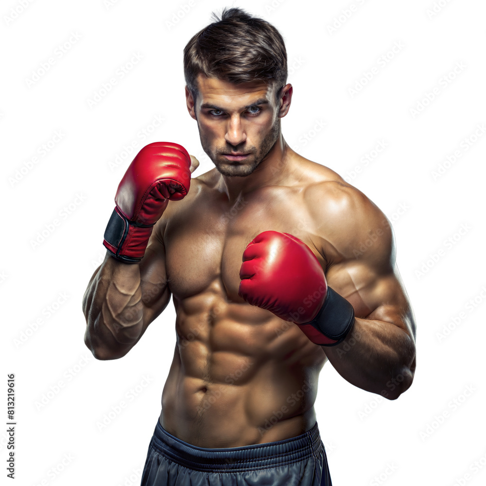 Focused Male Boxer in Red Gloves Ready for a Fight in the Ring Focused Male Boxer in Red Gloves Ready for a Fight in the Ring