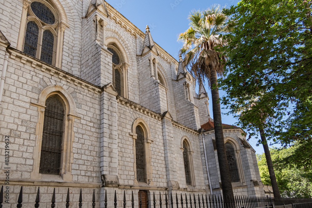Roman Catholic Basilica of Notre Dame de Nice (Basilique de Notre-Dame-de-l'Assomption de Nice, 1864 -1868) on the Avenue Jean Medecin in the center of Nice. Nice, France. Roman Catholic Basilica of Notre Dame de Nice (Basilique de Notre-Dame-de-l'Assomption de Nice, 1864 -1868) on the Avenue Jean Medecin in the center of Nice. Nice, France.