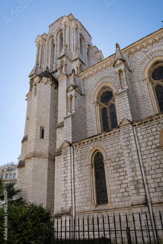 Roman Catholic Basilica of Notre Dame de Nice (Basilique de Notre-Dame-de-l'Assomption de Nice, 1864 -1868) on the Avenue Jean Medecin in the center of Nice. Nice, France.