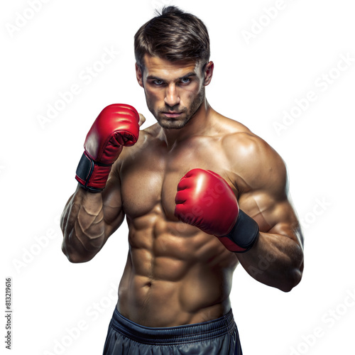 Focused Male Boxer in Red Gloves Ready for a Fight in the Ring