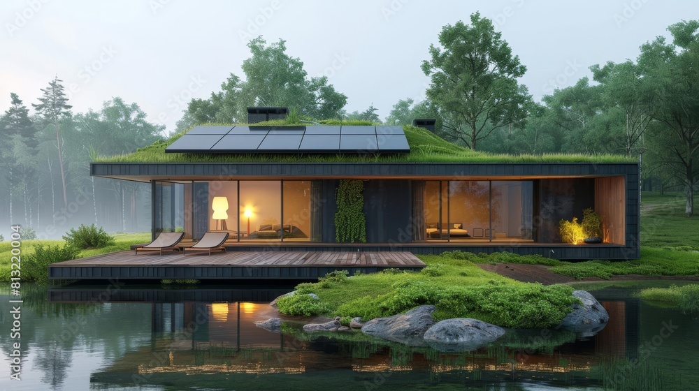 Unique and modern lake house design with large glass windows and a green roof. Unique and modern lake house design with large glass windows and a green roof.