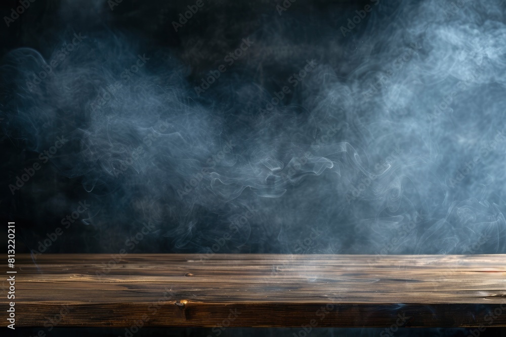 empty wooden table with smoke float up on dark background Empty Space for display your products - generative ai empty wooden table with smoke float up on dark background Empty Space for display your products - generative ai