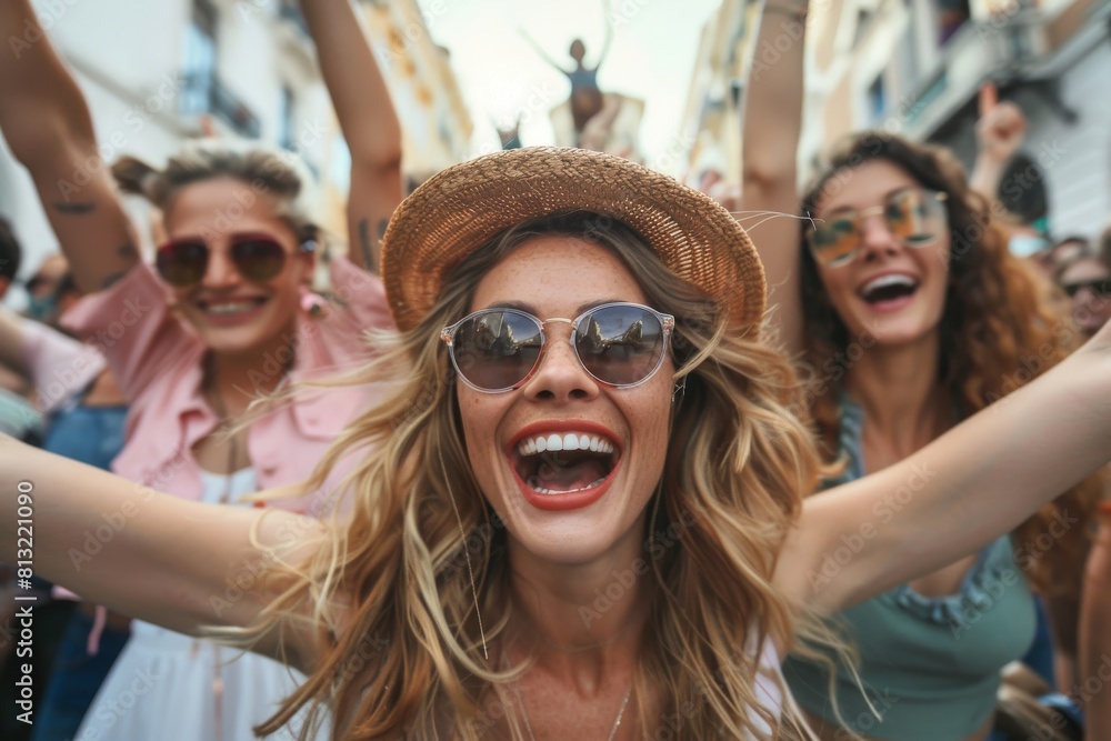 Happy young woman taking selfie with friends on summer vacation. Group of people having fun outdoors. Happy young woman taking selfie with friends on summer vacation. Group of people having fun outdoors.
