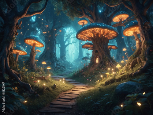 Fantasy unreal forest with magical creatures trees fireflies like in fairy tales of our childhood