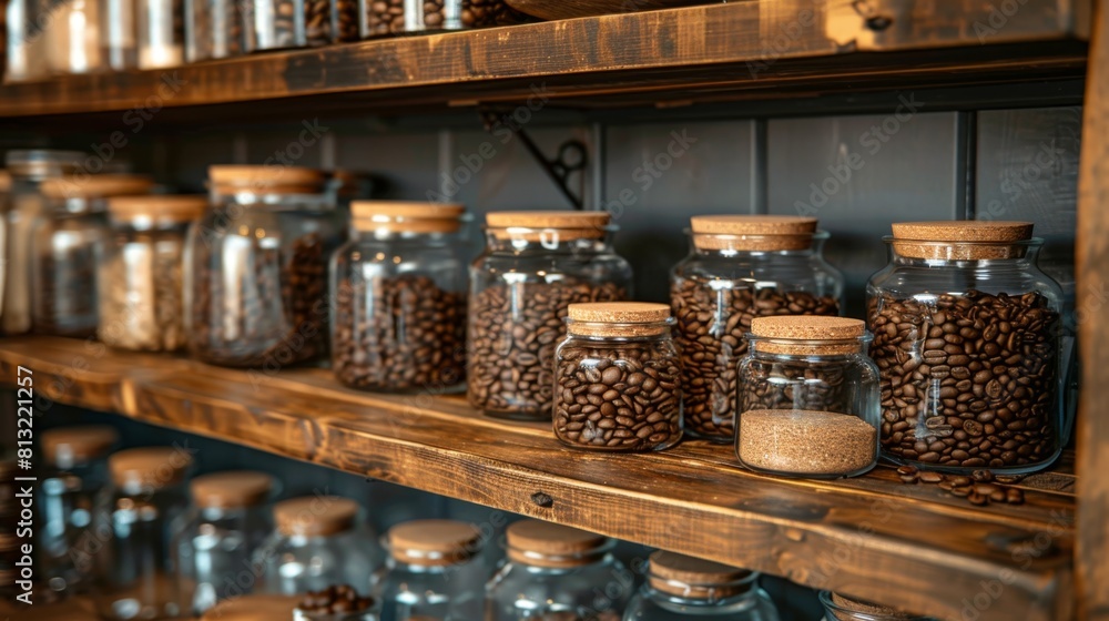 coffee nook decor, glass jars of coffee beans displayed in a cozy nook, elevating the decor with a stylish and inviting touch coffee nook decor, glass jars of coffee beans displayed in a cozy nook, elevating the decor with a stylish and inviting touch
