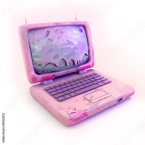 Stylish Pink 3D Laptop on White Background photo