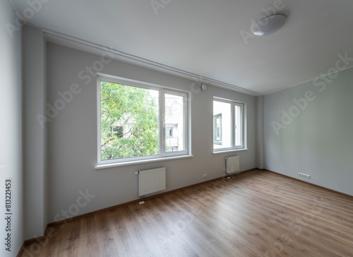 The interior of an apartment in a modern residential building in a European city.