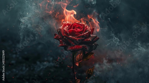 Fototapeta Naklejka Na Ścianę i Meble -  flaming red rose engulfed in smoke and ashes fantasy surreal abstract concept