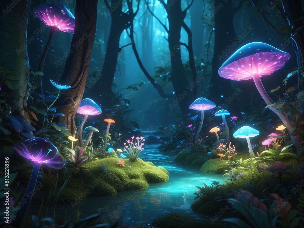 Fantasy unreal bioluminescent forest with enchanting bioluminescence of ...