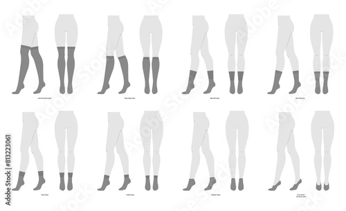 Set of socks length - low cut, high low ankle, crew, mid calf, knee high, over knee, thigh high. Fashion accessory clothing technical illustration stocking. Vector front, side view style flat template