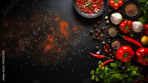 The background of cooking. On a black wooden background. Top view.