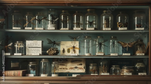 A cabinet full of glass jars with insects inside