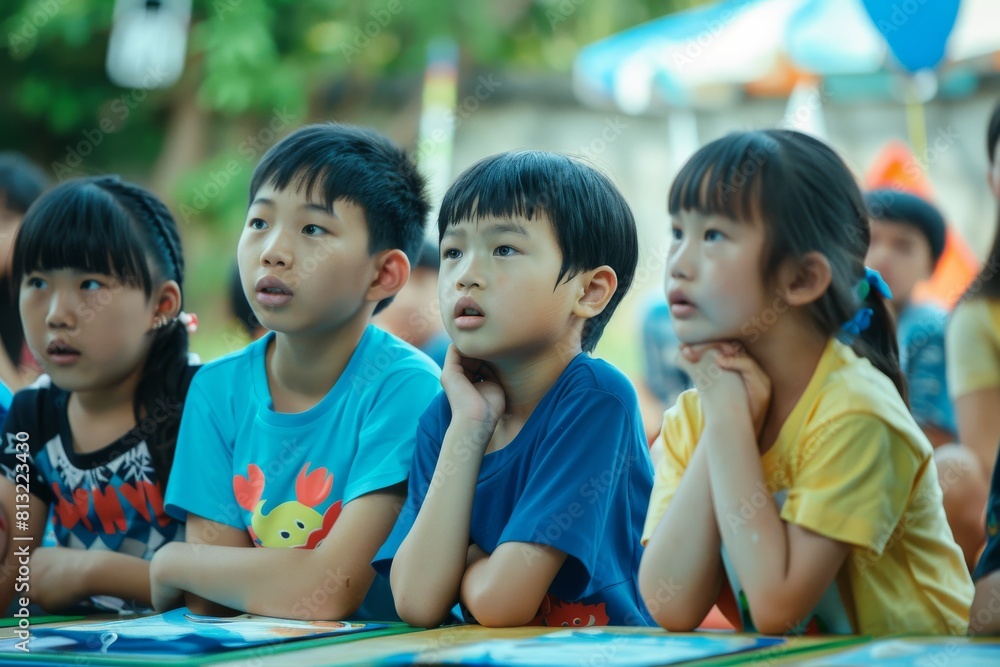 Unidentified Thai students 4-5 years old and 6-7 years old are attending a lesson with teacher in Kanchanaburi, Thailand. Unidentified Thai students 4-5 years old and 6-7 years old are attending a lesson with teacher in Kanchanaburi, Thailand.