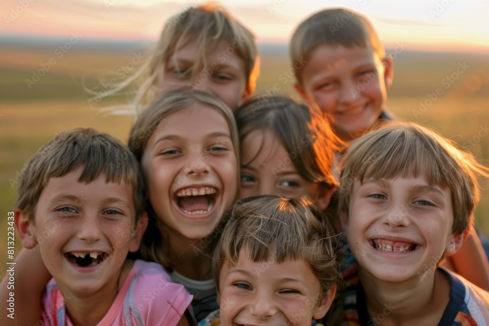 Group of happy children on the field at sunset, close-up Group of happy children on the field at sunset, close-up