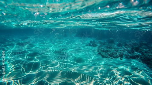 The rippled surface of clear blue water from below