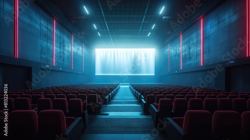 Movie or theater auditorium with red seats and spotlights. 3D rendering mockup screen