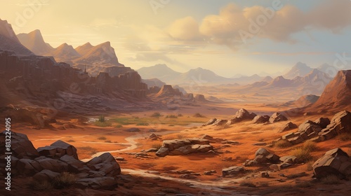 A desert landscape with mountains in the background