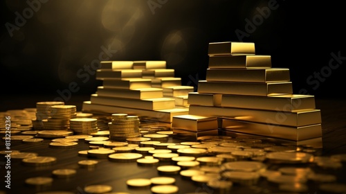 A pile of gold coins and gold bars sit on a table