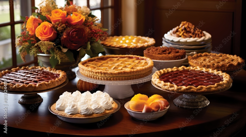 A table full of pies and fruit with a vase of flowers in the background A table full of pies and fruit with a vase of flowers in the background