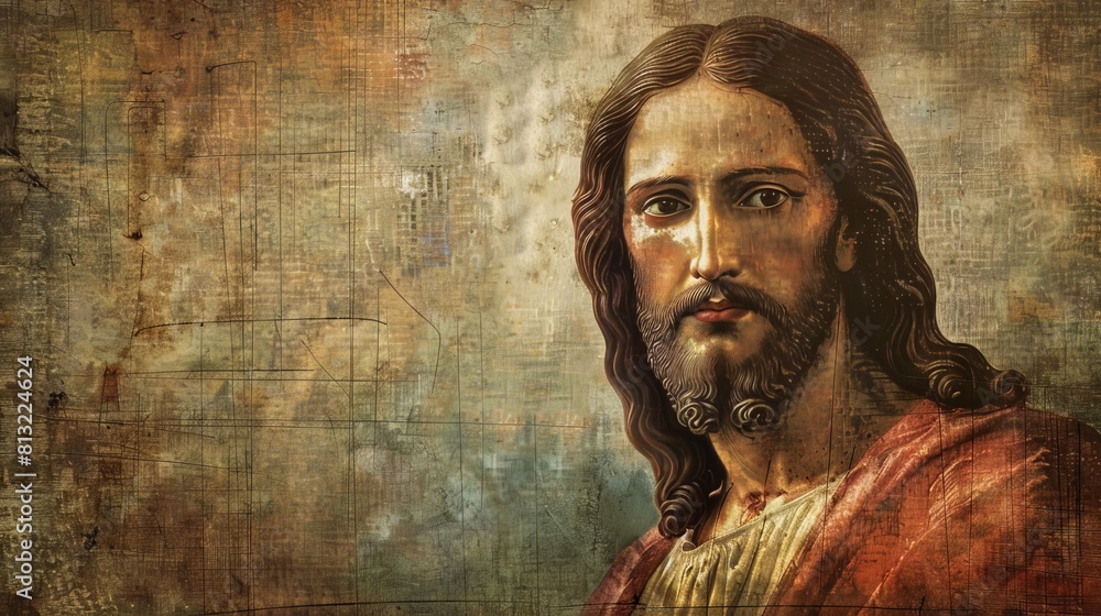 jesus christ portrait with grunge textured background and copy space jesus christ portrait with grunge textured background and copy space