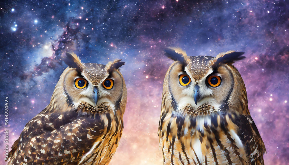 Two owls on a purple sky, illustration. Two owls on a purple sky, illustration.