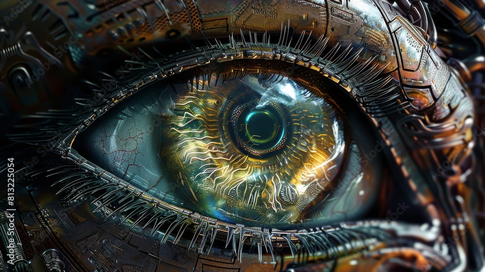 A close up of a person's eye with a glowing, metallic look