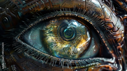 A close up of a person s eye with a glowing  metallic look