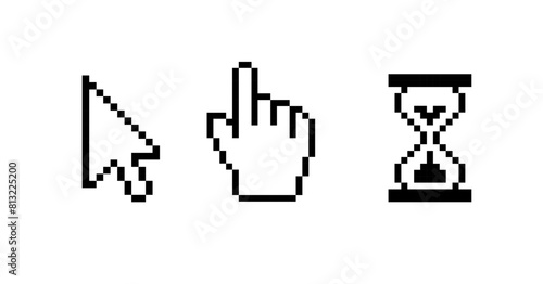 Cursor pixel mouse arrow pointer click icon. Vector pixel cursor arrow www finger sand hourglass icon.