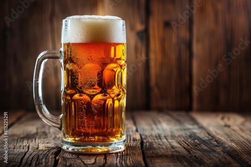 Happy Beer Day Poster stock images. Full glass of beer on the table images. Fresh lager on a wooden background. Important day , copy space - generative ai