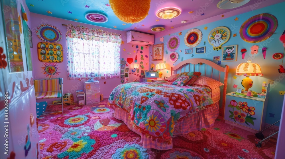 A colorful bedroom with a floral wallpaper and a bed with a blue headboard