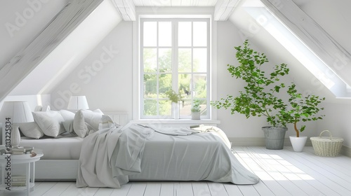 serene white attic master bedroom with soft natural lighting interior illustration photo