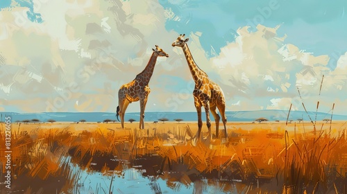 serengeti savannah two majestic giraffes roaming the vast tanzanian plains digital painting photo