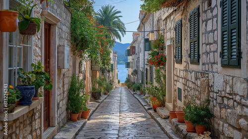 Narrow street lined with stone buildings and shutters  in the daytime