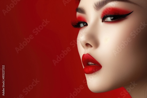 Closeup portrait of beautiful asian woman with bright red make up