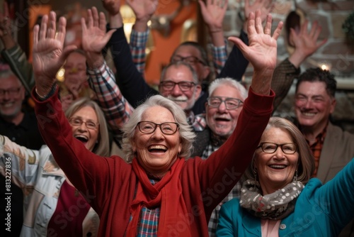 Group of senior people having fun and raising their hands up in a party