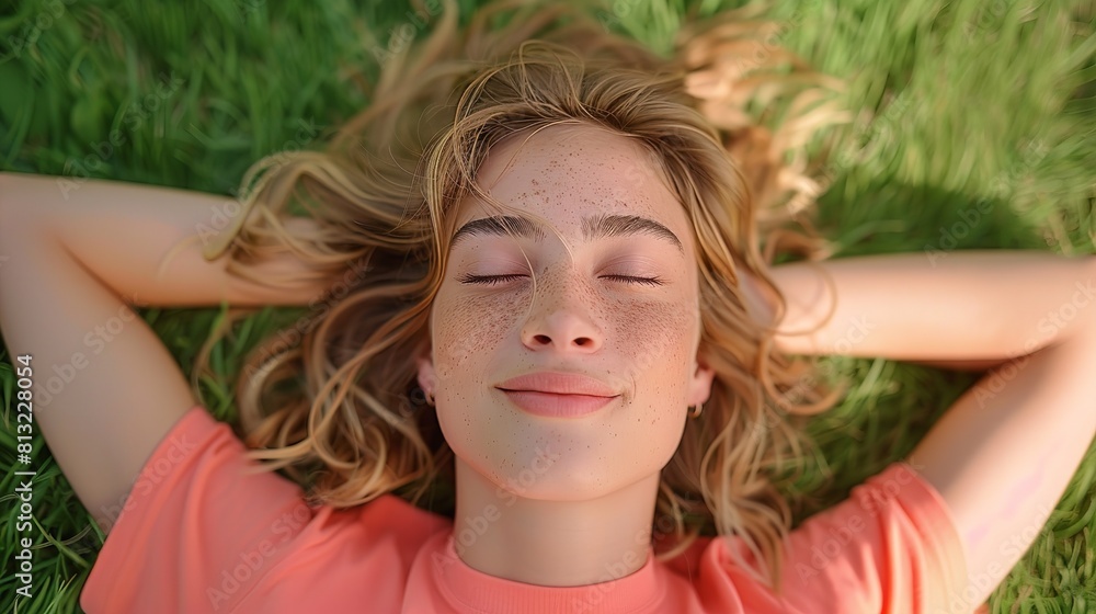 A girl is laying in the grass with her eyes closed, enjoying a moment of relaxation in nature A girl is laying in the grass with her eyes closed, enjoying a moment of relaxation in nature