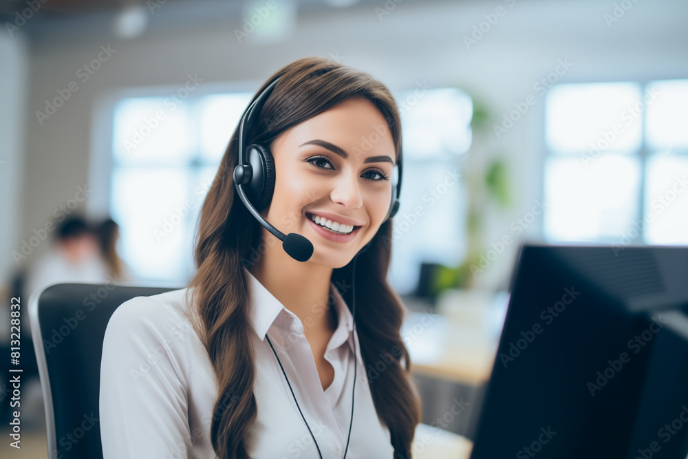 Call center, young woman and smile in contact us with CRM, headset with mic and mockup space. Customer service consultant, happy female and telemarketing with sales and help desk Call center, young woman and smile in contact us with CRM, headset with mic and mockup space. Customer service consultant, happy female and telemarketing with sales and help desk