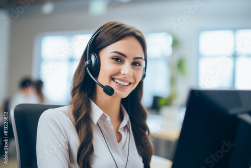 Call center, young woman and smile in contact us with CRM, headset with mic and mockup space. Customer service consultant, happy female and telemarketing with sales and help desk