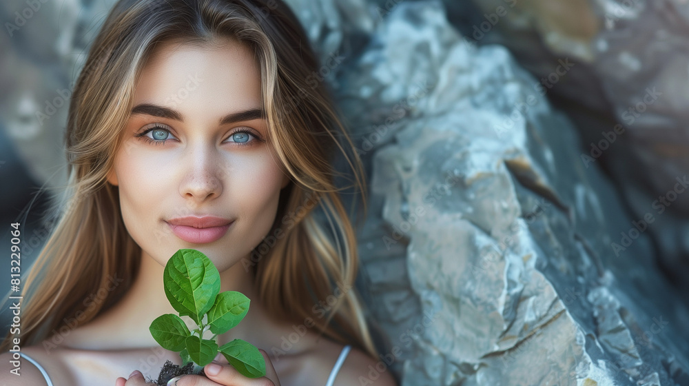 Naklejka premium Young Woman Holding Plant