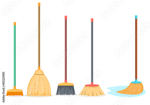 Mop and broom for cleaning household tools. Sweeping mopping domestic cleaning supplies.