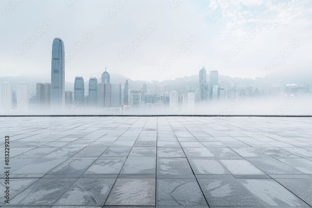 Empty square floor and city skyline with building background - generative ai Empty square floor and city skyline with building background - generative ai