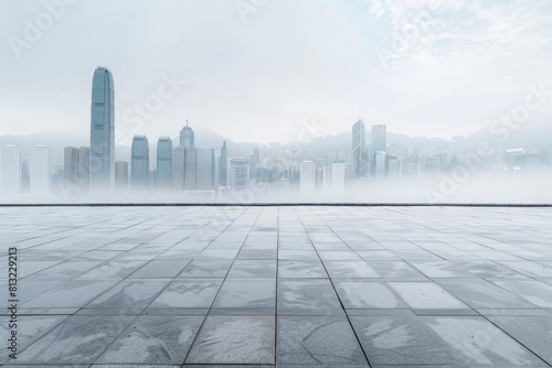 Empty square floor and city skyline with building background - generative ai