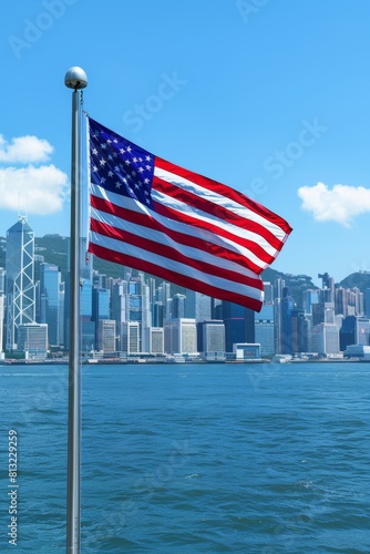 American flag waving with urban skyline in the background, patriotic cityscape view