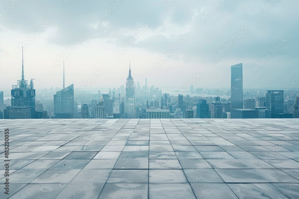 Empty square floor and city skyline with building background - generative ai Empty square floor and city skyline with building background - generative ai