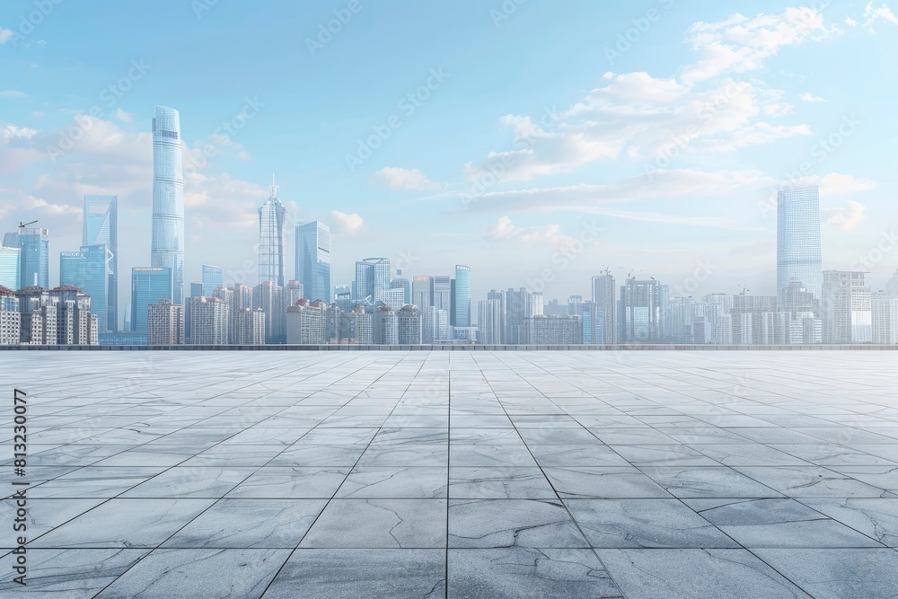 Empty square floor and city skyline with building background - generative ai Empty square floor and city skyline with building background - generative ai