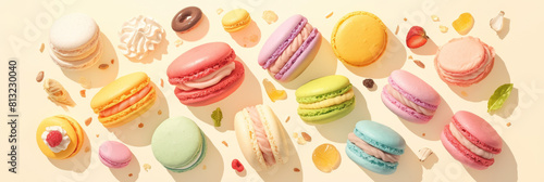 Colorful macarons are a sweet cake that is perfect for dessert. A variety of delicious macarons floating in the air to whet your appetite. photo
