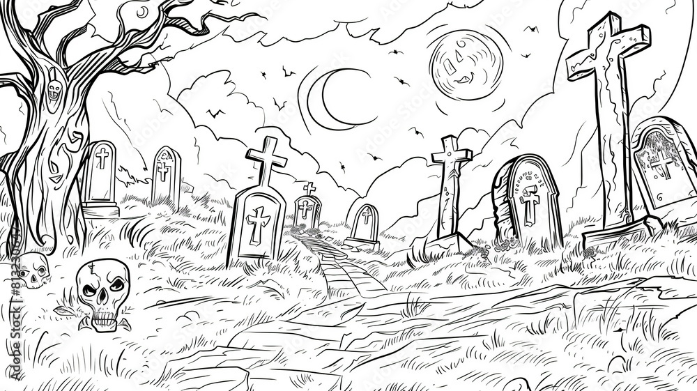 Fototapeta premium Scary Halloween coloring page with pumpkins, ghosts, bats and witches. Perfect for children and adults to enjoy.