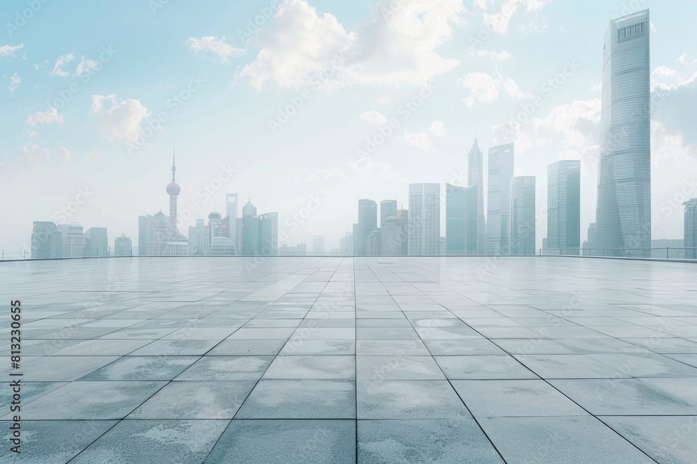 Empty square floor and city skyline with building background - generative ai Empty square floor and city skyline with building background - generative ai