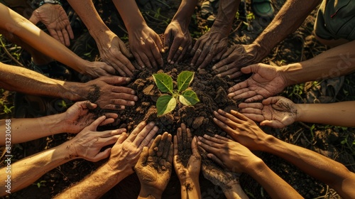 A group of people are holding a plant in their hands