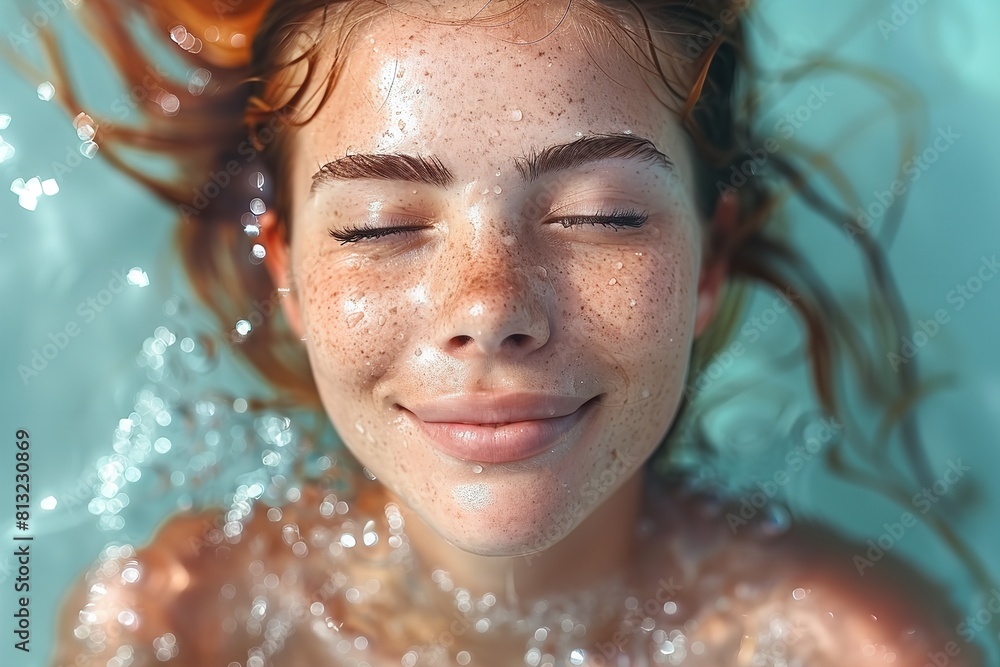 A woman floats peacefully in a pool with her eyes closed A woman floats peacefully in a pool with her eyes closed